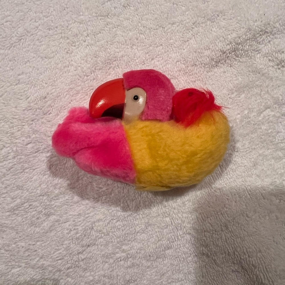 Vintage Plush Parrot Pencil Topper Clip On Hugger Grabber yellow pink
